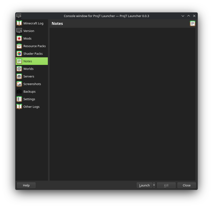Notes tab under ProjT Launcher Instances