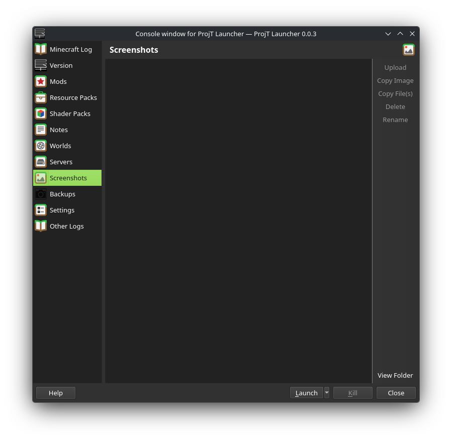 Screenshots tab under ProjT Launcher Instances