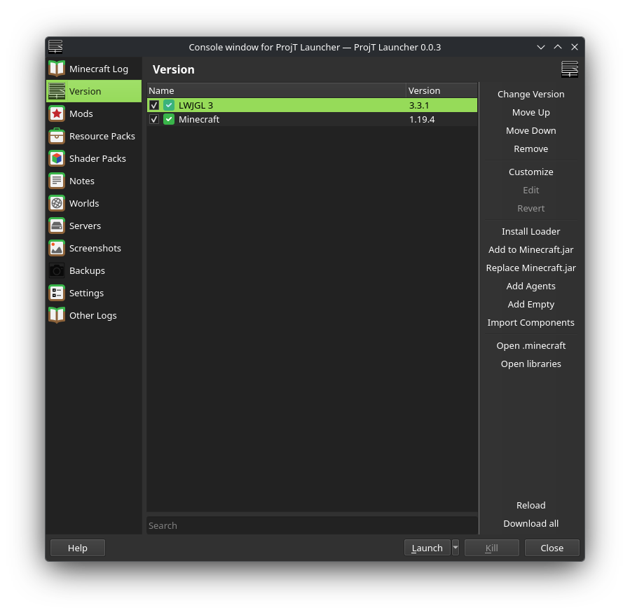 Version tab under ProjT Launcher Instances