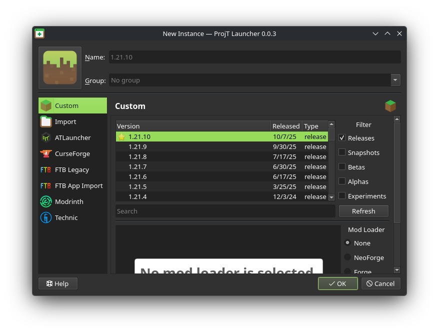 Custom tab under ProjT Launcher New Instances