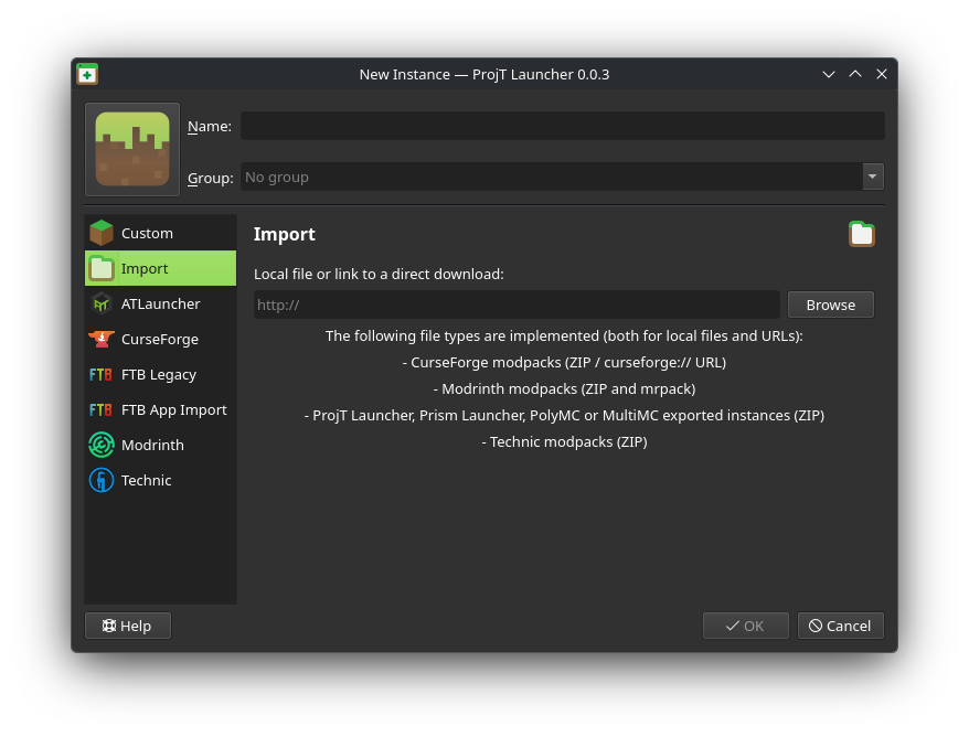 Import from zip tab under ProjT Launcher New Instances