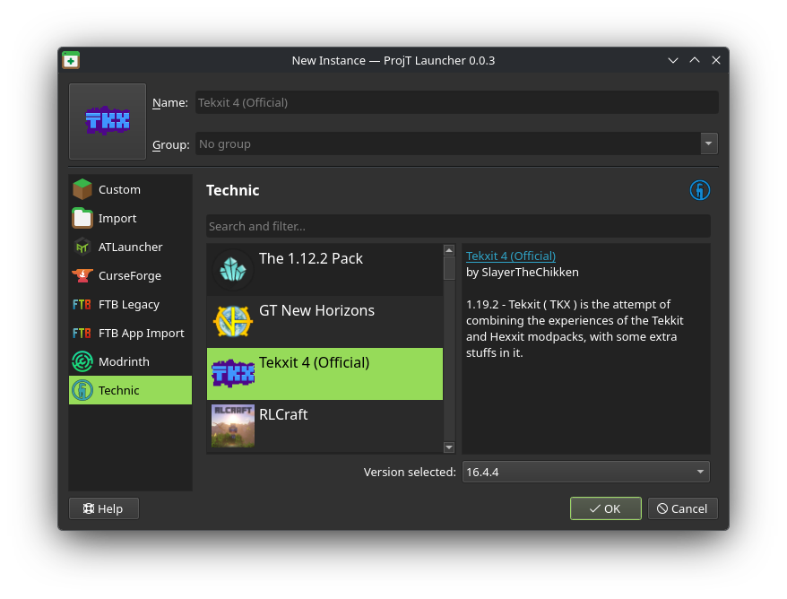 Technic tab under ProjT Launcher New Instances