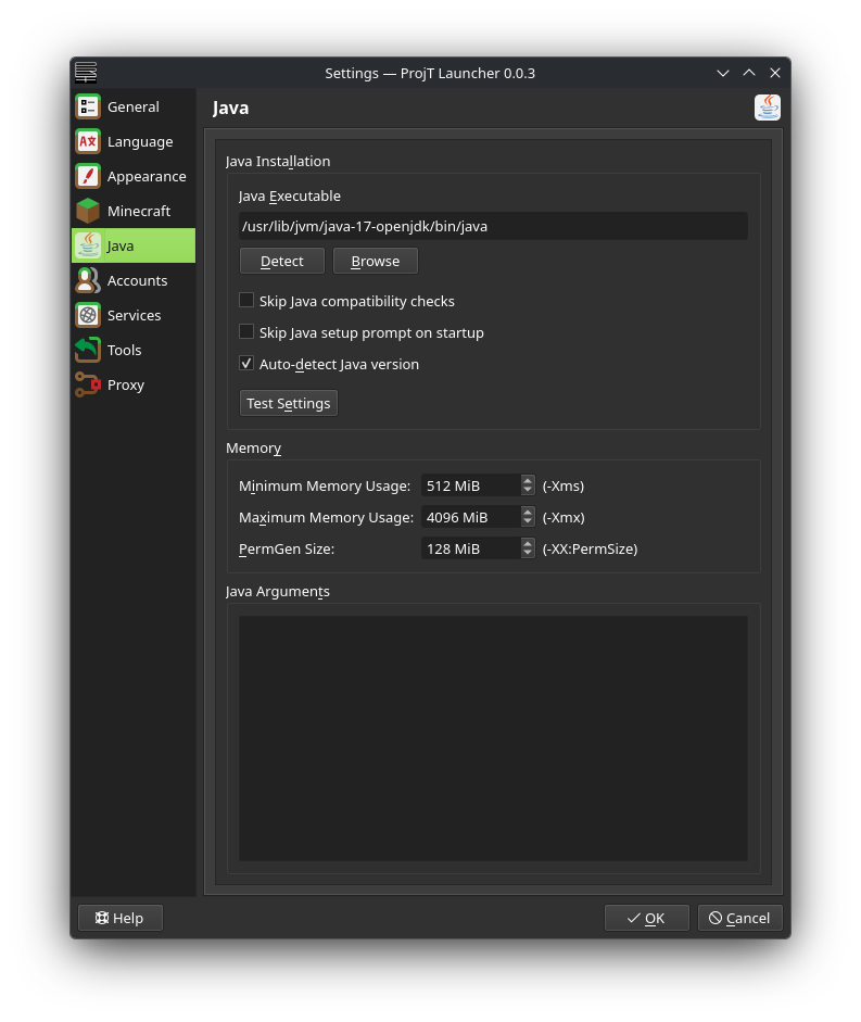 Java wizard page displayed on the first launch