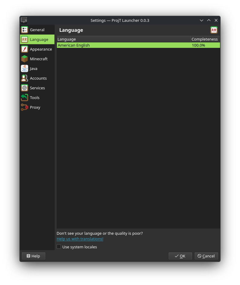 Language tab in settings