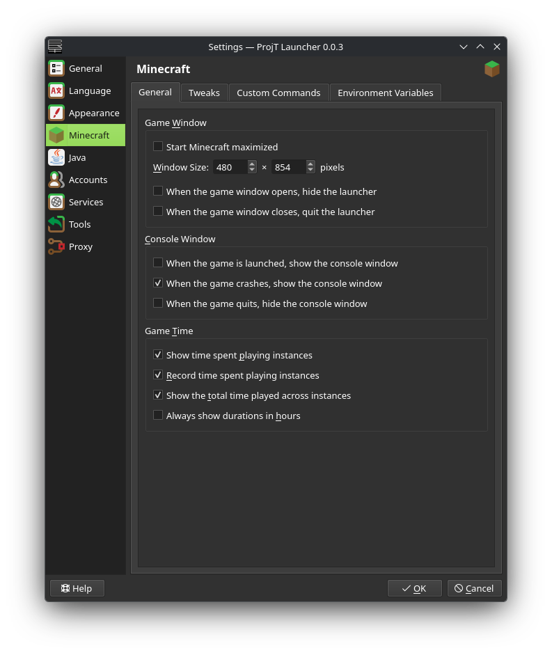Minecraft tab under ProjT Launcher settings
