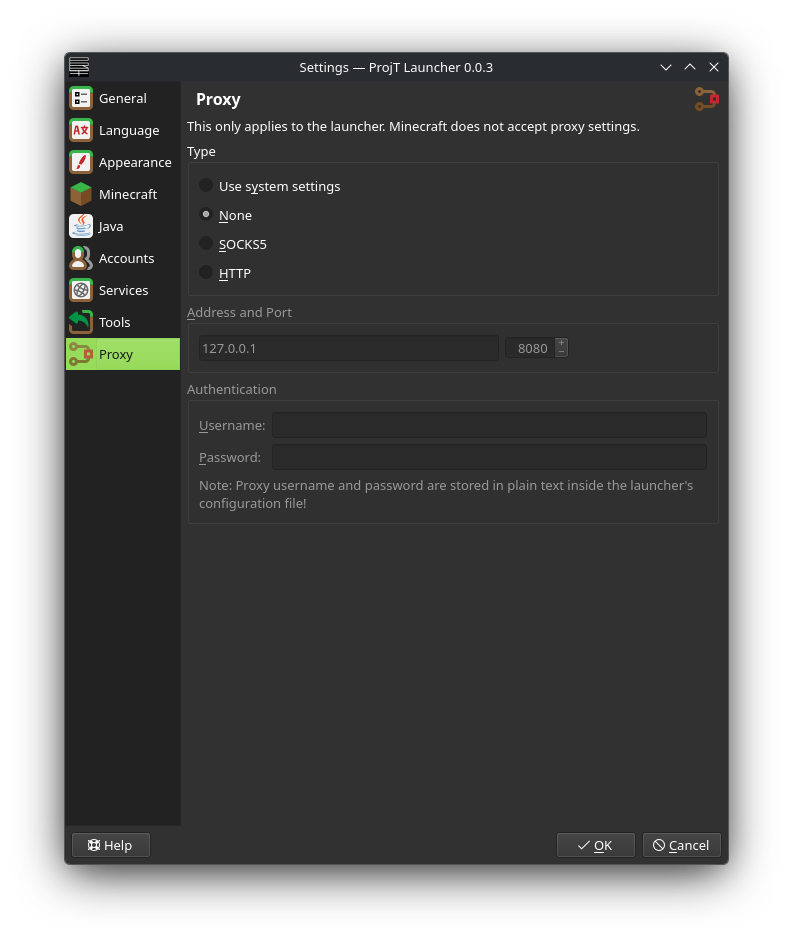 Proxy tab under ProjT Launcher settings
