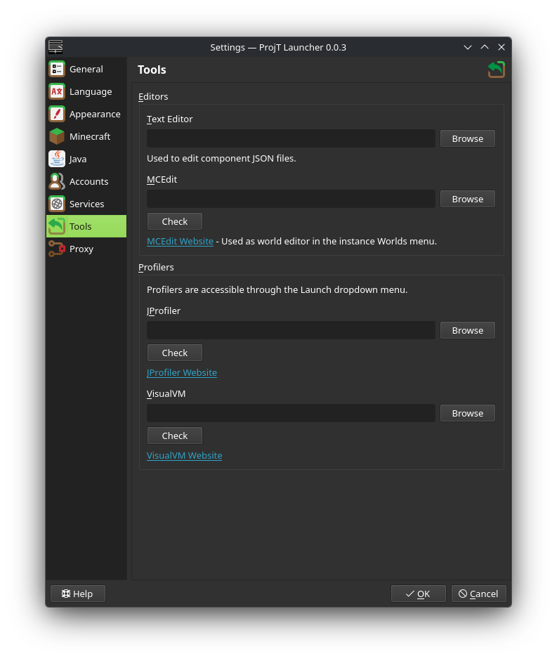 External Tools tab under ProjT Launcher settings